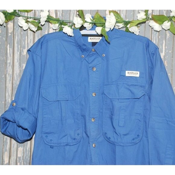 Magellan Men's Blue Vented Button Front Shirt S Lake Fork Cotton Pockets - Picture 2 of 10